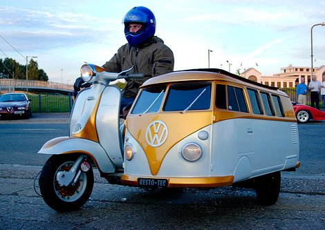 Vespa scooter and VW camper van sidecar